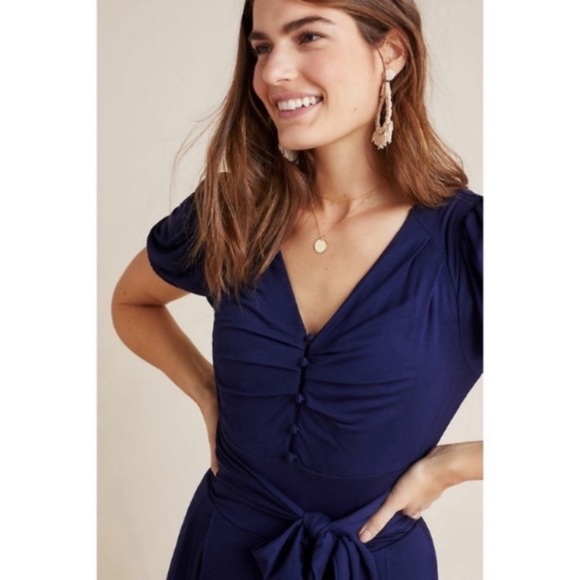 Anthropologie Jumpsuit Romper Wide Leg Stretch Flowy Palazzo Pant Tie Waist Ruch - Picture 6 of 13